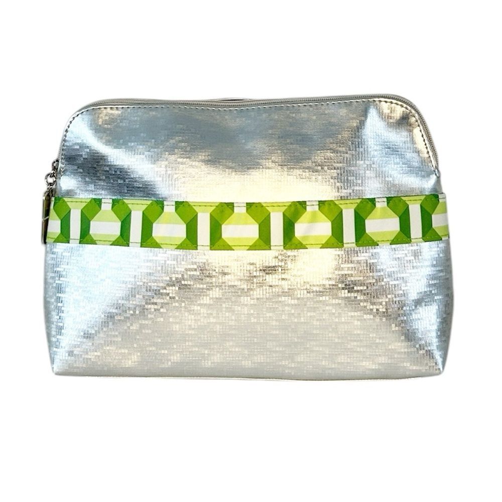 Clinique Metallic Silver Green Geometric Detail Cosmetics Case with Front Pocket